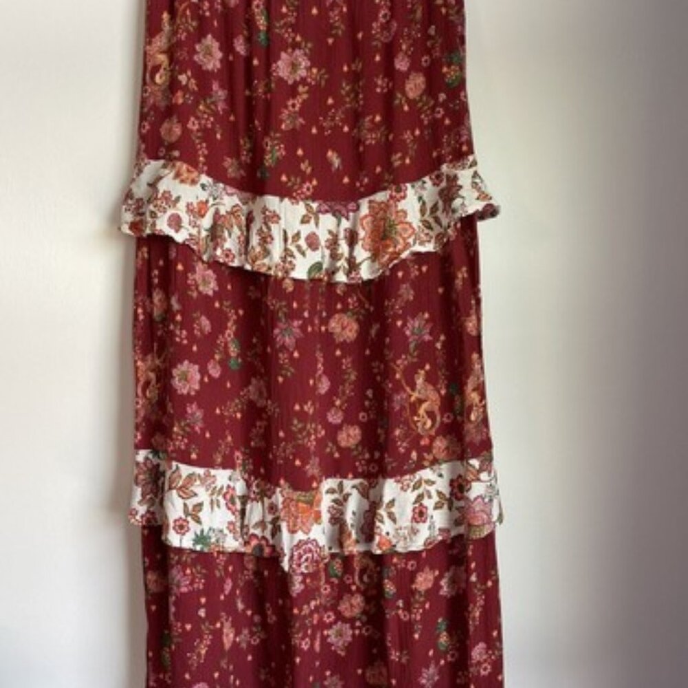 Farm Rio for Anthropologie Portia Tiered Maxi Skirt Red Orange White Floral XS